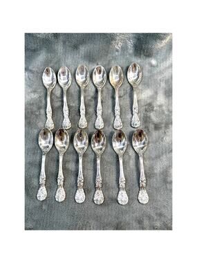 FB Rogers French Rose Silverplate Demitasse Spoons Set 12 Vintage Ornate Floral